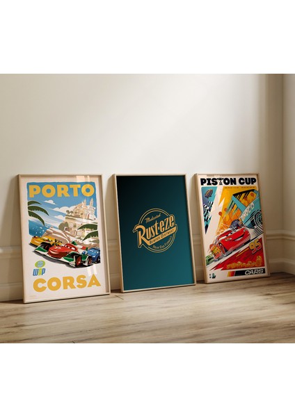 3 Lü Şimşek Mcqueen, Arabalar Filmi Poster, Çocuk ve Genç Odası, 3'lü Çerçevesiz Poster Seti 3 Adet modelleri