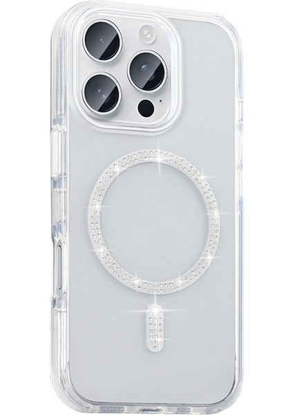 iPhone 15 Pro Kılıf Taşlı Tasarım M-Safe Şarj Özellikli Zore Koment Silikon Kapak - Gümüş indirimleri