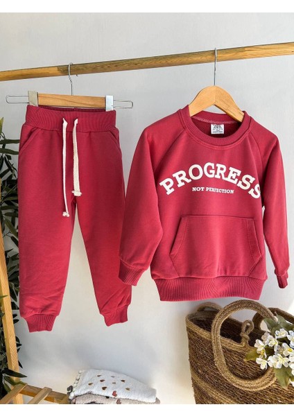 Kırmızı Çocuk Eşofman Takımı – “progress” Baskılı Sweatshirt & Alt Eşofman