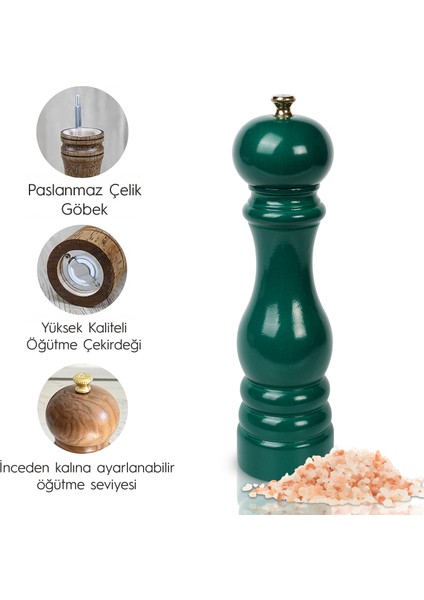 Glıos Koyu Yeşil Ahşap Tuz ve Karabiber El Değirmeni Öğütücü Grinder 22 cm modelleri