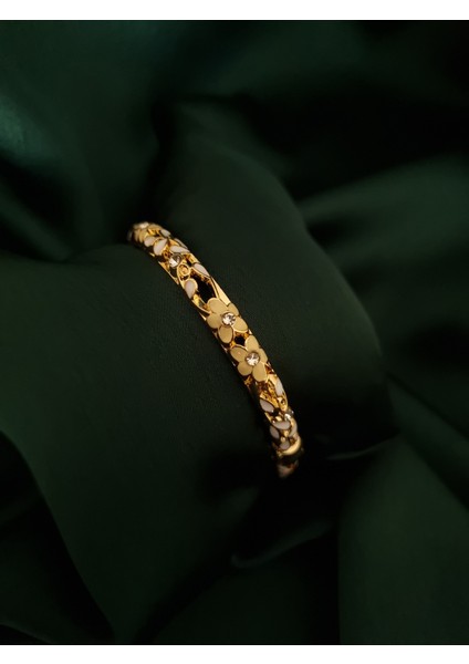 Gold Renk Çiçekli Mineli Paslanmaz Çelik Kelepçe
