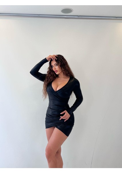 Siyah Parlak Lame Kum.kruvaze Uzun Kol.mini Elbise fiyatları
