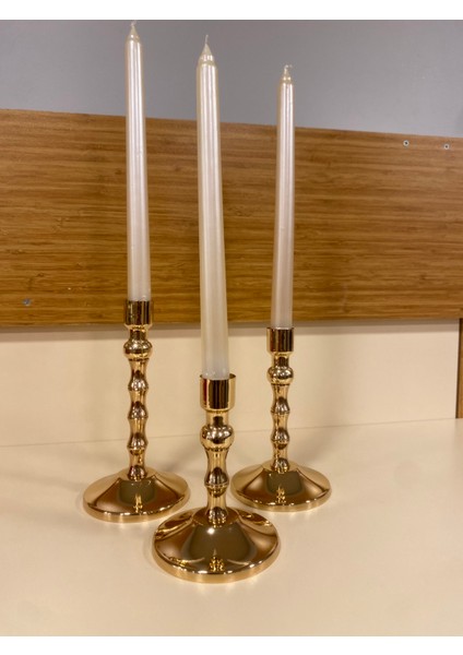 Şamdan 3'lü Pirinç Altın Mumluk 3 Boy Yükseklikleri 18-16-14- cm