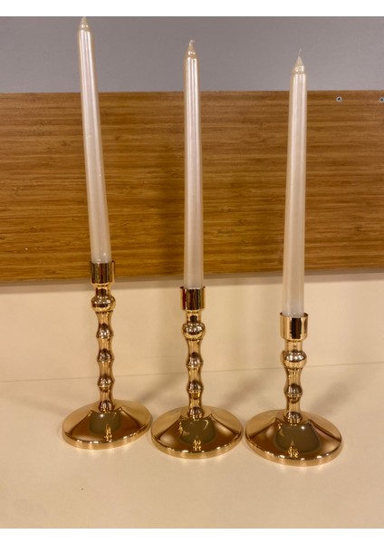 Şamdan 3'lü Pirinç Altın Mumluk 3 Boy Yükseklikleri 18-16-14- cm modelleri