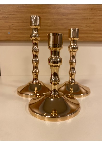 Şamdan 3'lü Pirinç Altın Mumluk 3 Boy Yükseklikleri 18-16-14- cm fırsatları