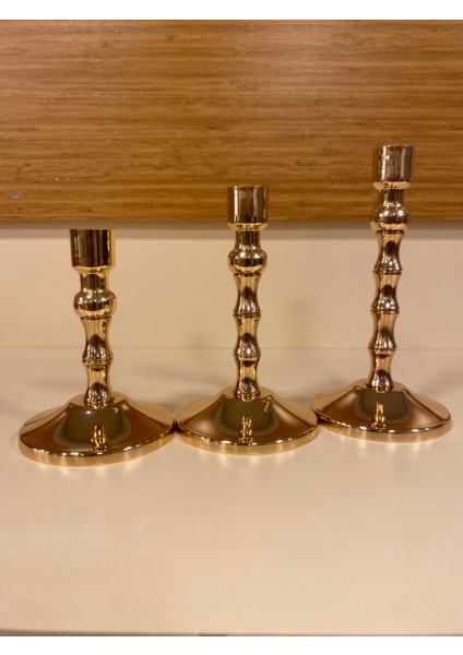 Şamdan 3'lü Pirinç Altın Mumluk 3 Boy Yükseklikleri 18-16-14- cm indirimleri
