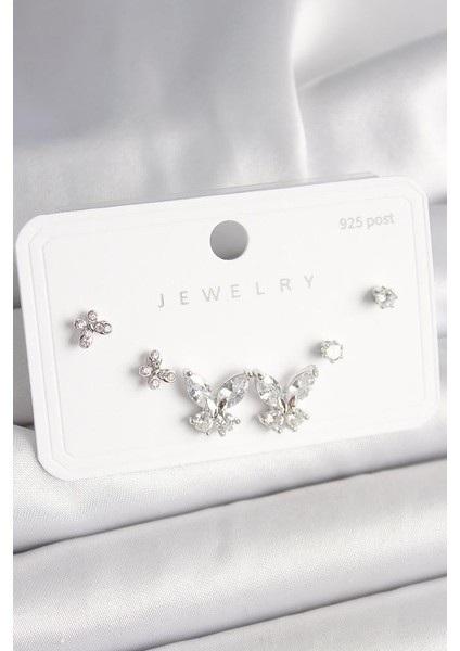 925 Ayar Gümüş Çivi Pirinç Zirkon Taşlı Kelebek Model Kadın Küpe Seti - BKP10402