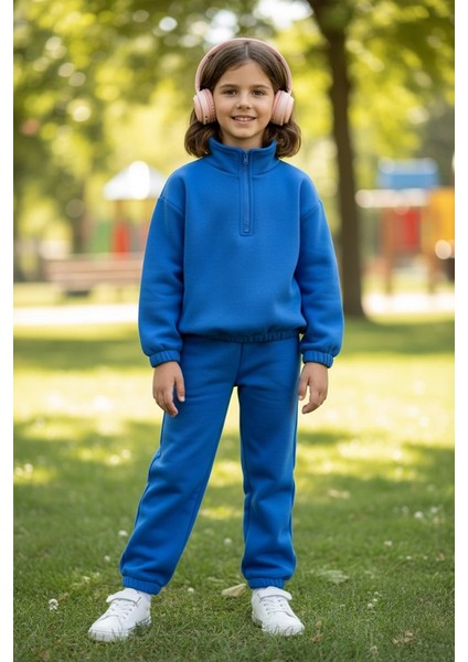 Çocuk Yarım Fermuarlı Dik Yaka Mavi Sweatshirt ve Jogger Eşofman Takımı