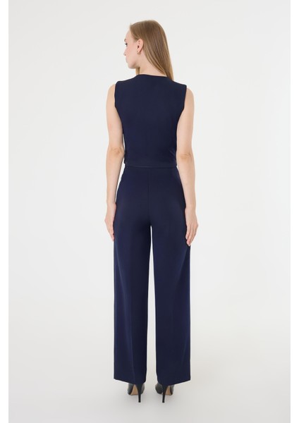 Kadın Yandan Bağlamalı Asimetrik Lacivert Yelek Takım modelleri