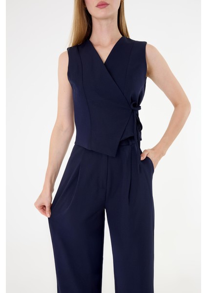 Kadın Yandan Bağlamalı Asimetrik Lacivert Yelek Takım indirimleri