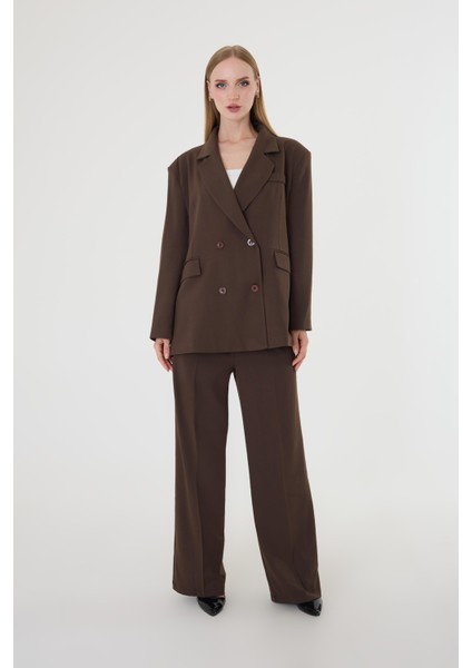 Kadın Kahverengi Poliviskon Blazer Ceket Pantolon Takım