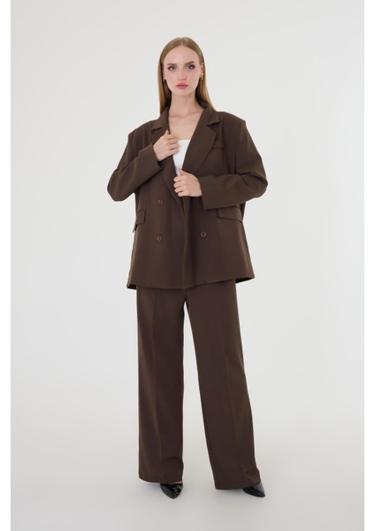 Kadın Kahverengi Poliviskon Blazer Ceket Pantolon Takım modelleri