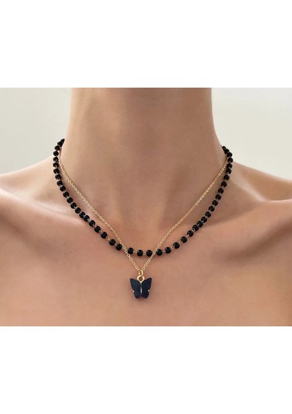 Şıklığınızı Tamamlayacak Siyah Inci Kelebek Kolye