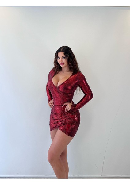 Kırmızı Par.lame Kum.kruvaze Uzun Kol.mini Elbise