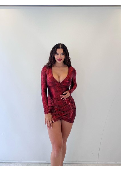 Kırmızı Par.lame Kum.kruvaze Uzun Kol.mini Elbise fiyatları