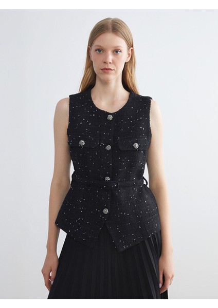 Bisiklet Yaka Taşlı Kadın Yelek (W5)