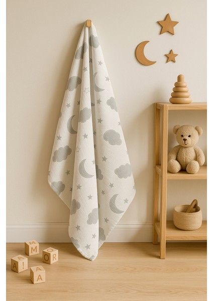 Pamuk Gri Bulutlu Müslin'den Çok Amaçlı Örtü (80X100 Ölçülerinde)