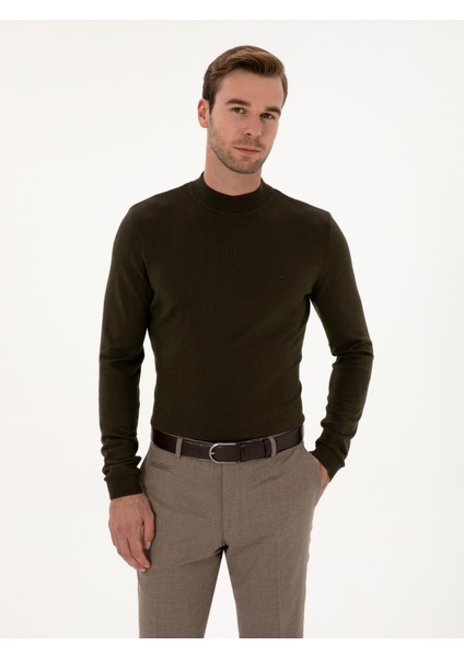 Erkek Haki Slim Fit Pamuk Karışımlı Çeyrek Balıkçı Yaka Basic Triko Kazak 50318704-VR027