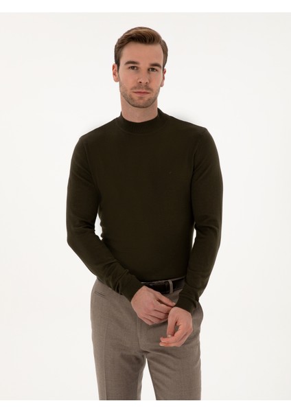 Erkek Haki Slim Fit Pamuk Karışımlı Çeyrek Balıkçı Yaka Basic Triko Kazak 50318704-VR027