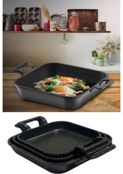 Granit Kaplama Kare Sahan Seti 3'lü (18-20-22 Cm) Siyah, Şık ve Dayanıklı Tasarım