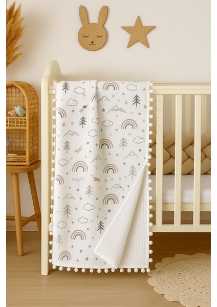 Pamuk Gökkuşaklı Müslin ve Beyaz Pikeli Çift Kat Örtü (110X110 Ölçülerinde)