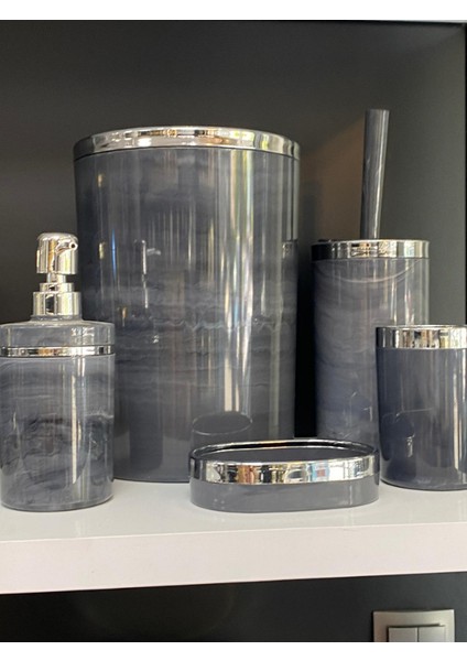 Akrilik Yuvarlak Banyo Seti 5’li – Antrasit Gri Mermer Desen, Gümüş Kromaj fiyatları