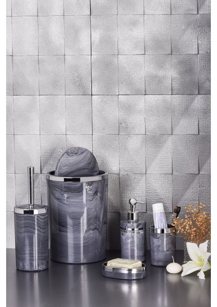 Akrilik Yuvarlak Banyo Seti 5’li – Antrasit Gri Mermer Desen, Gümüş Kromaj modelleri