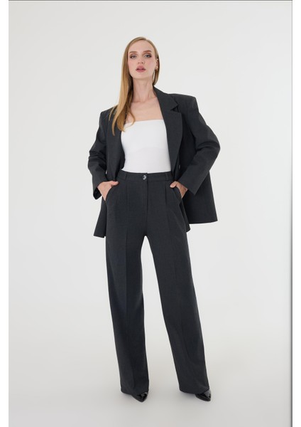 Kadın Siyah Poliviskon Blazer Ceket Pantolon Takım