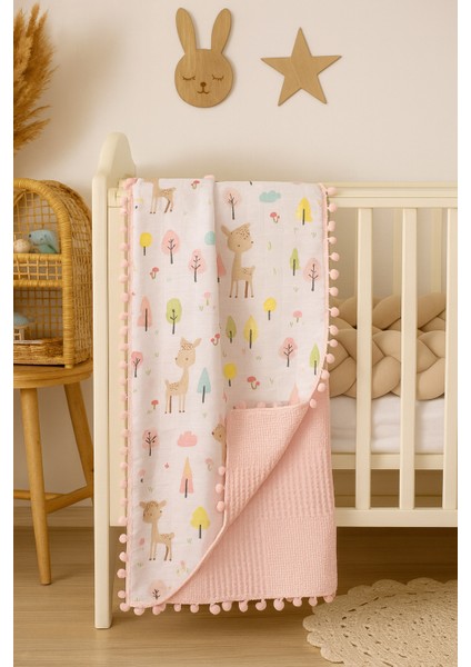 Pamuk Ceylanlı Müslin ve Pembe Pikeli Çift Kat Örtü (110X110 Ölçülerinde)