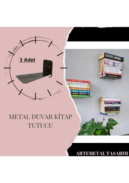 3'lü Sihirli Metal Duvar Kitap Tutucu, Siyah Dekoratif Tasarım