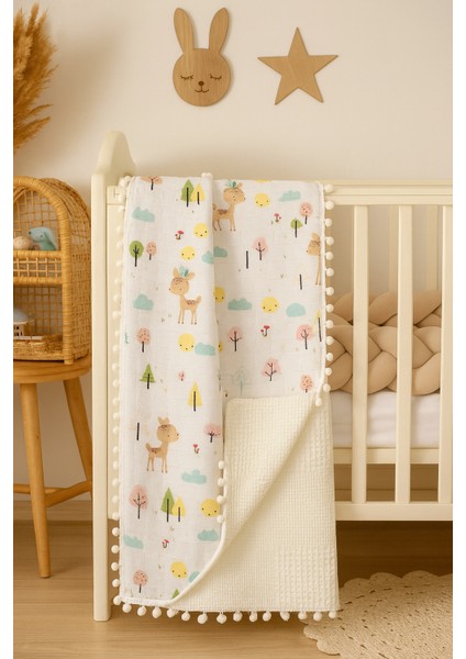 Pamuk Ceylanlı Müslin ve Krem Pikeli Çift Kat Örtü (110X110 Ölçülerinde)