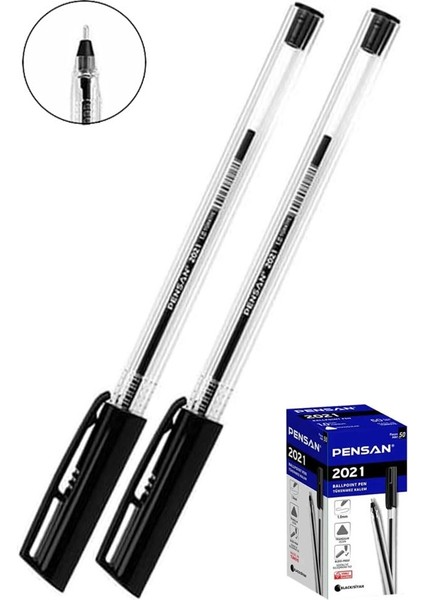 Siyah Tükenmez Kalem 2021 1.0mm 2 Adet Pensan Şeffaf Üçgen Gövde Plastik Kapaklı Tükenmez Kalem Büro Ofis