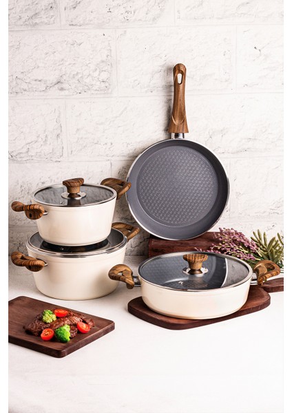 7 Parça Renkli Granit Tencere Seti, Krem, Yapışmaz, Dayanıklı, Şık