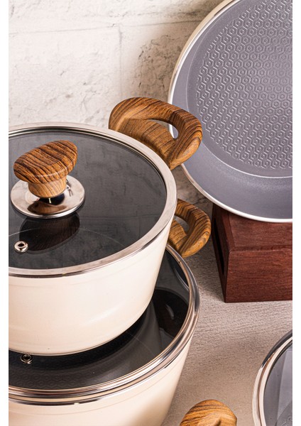 7 Parça Renkli Granit Tencere Seti, Krem, Yapışmaz, Dayanıklı, Şık indirimleri