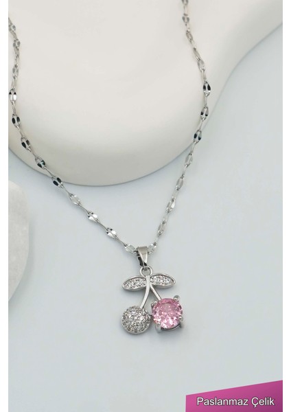 Kadın Paslanmaz Çelik Gümüş Zincir Kiraz Kolye