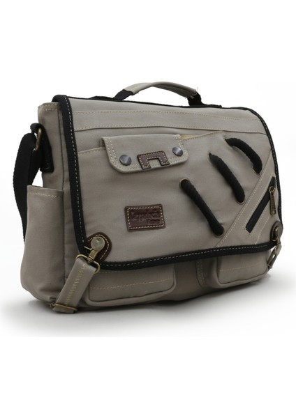 4017 Açık Gri 14" Laptop Kanvas Postacı Okul Çantası Unisex Kilitli Çok Cepli Omuz Askılı