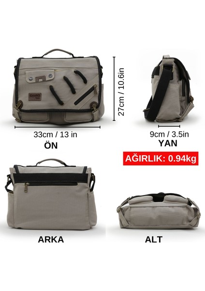 4017 Açık Gri 14" Laptop Kanvas Postacı Okul Çantası Unisex Kilitli Çok Cepli Omuz Askılı fiyatları