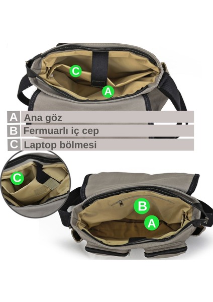 4017 Açık Gri 14" Laptop Kanvas Postacı Okul Çantası Unisex Kilitli Çok Cepli Omuz Askılı modelleri