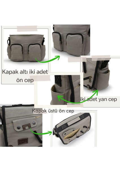4017 Açık Gri 14" Laptop Kanvas Postacı Okul Çantası Unisex Kilitli Çok Cepli Omuz Askılı fırsatları