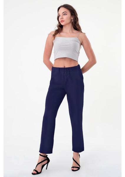 Kadın Lacivert Beli Lastikli Dar Kesim Pantolon