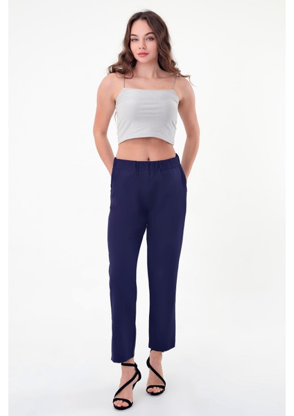 Kadın Lacivert Beli Lastikli Dar Kesim Pantolon modelleri