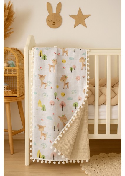 Pamuk Ceylanlı Müslin ve Kahve Pikeli Çift Kat Örtü (110X110 Ölçülerinde)