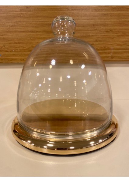 Pasta ve Kek Üfleme Cam Kapak Fanusu ve Pirinç Altın Stantı Çapı 21 cm