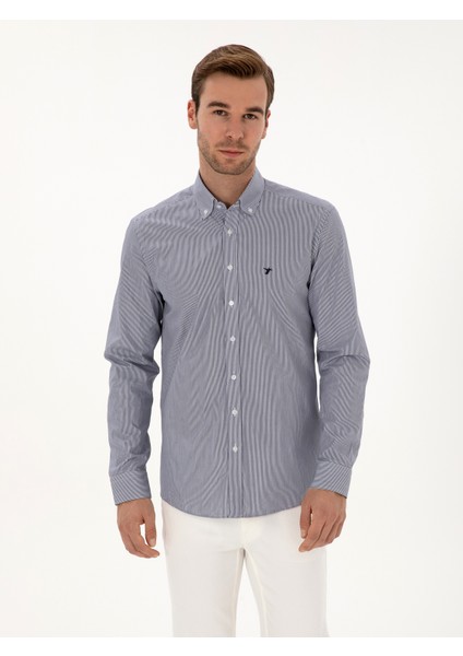 Erkek Lacivert Slim Fit %100 Pamuk Yakası Düğmeli Çizgili Oxford Gömlek 50317994-VR033