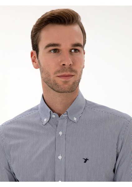 Erkek Lacivert Slim Fit %100 Pamuk Yakası Düğmeli Çizgili Oxford Gömlek 50317994-VR033 fiyatları