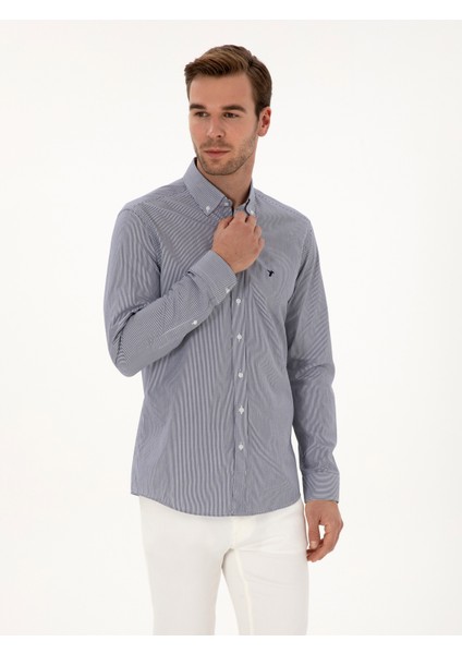 Erkek Lacivert Slim Fit %100 Pamuk Yakası Düğmeli Çizgili Oxford Gömlek 50317994-VR033 modelleri
