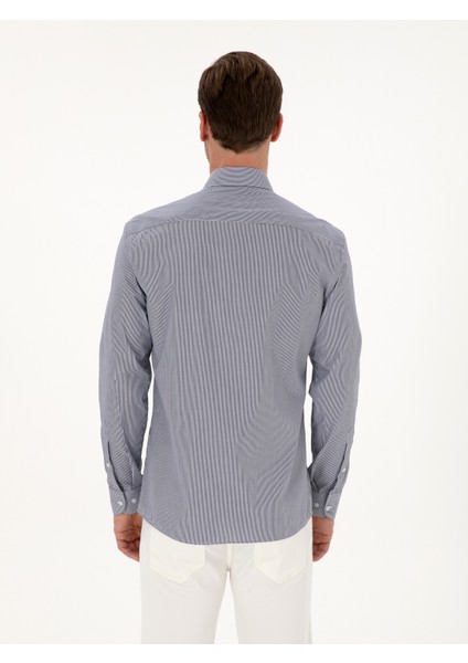 Erkek Lacivert Slim Fit %100 Pamuk Yakası Düğmeli Çizgili Oxford Gömlek 50317994-VR033 indirimleri