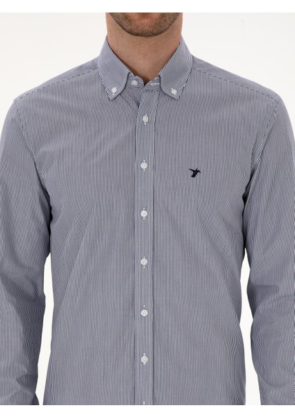 Erkek Lacivert Slim Fit %100 Pamuk Yakası Düğmeli Çizgili Oxford Gömlek 50317994-VR033