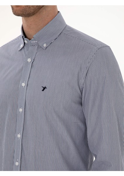 Erkek Lacivert Slim Fit %100 Pamuk Yakası Düğmeli Çizgili Oxford Gömlek 50317994-VR033