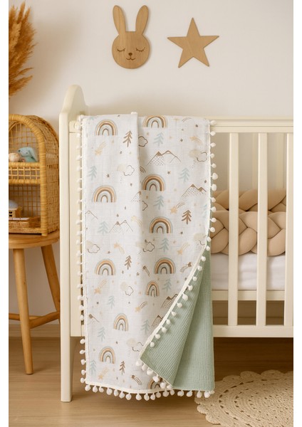 Pamuk Gökkuşaklı Müslin ve Çağla Yeşili Pikeli Çift Kat Örtü (110X110 Ölçülerinde)